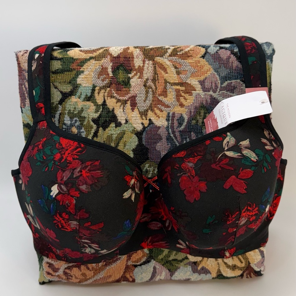New Cacique Black Bra with Red‎ Floral Design Sz 40D - Picture 10 of 15